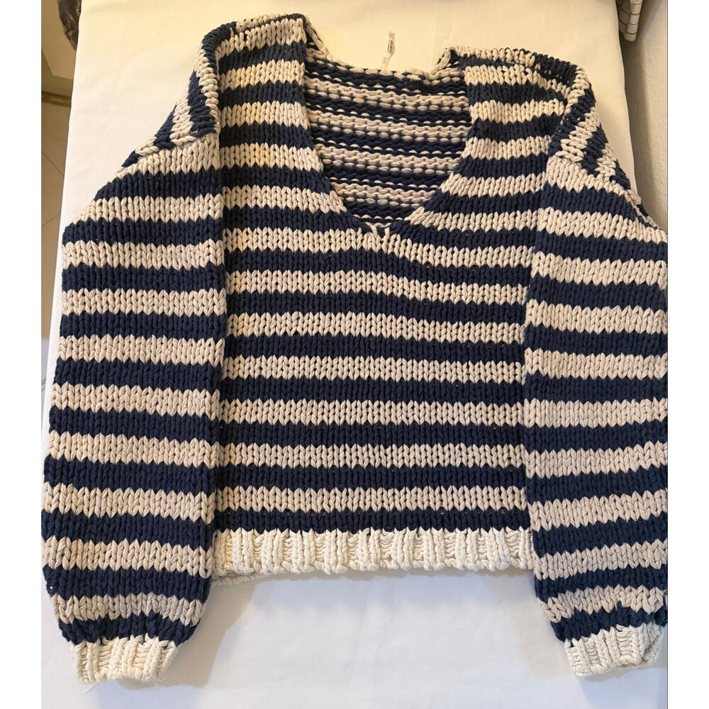Free People Portland Pullover M Denim Island Navy Cream Striped Sweater - Picture 3 of 9
